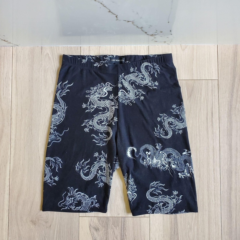 Streetwear Society‎ Biker Shorts Womens M Black Dragon Print Stretch Pull On